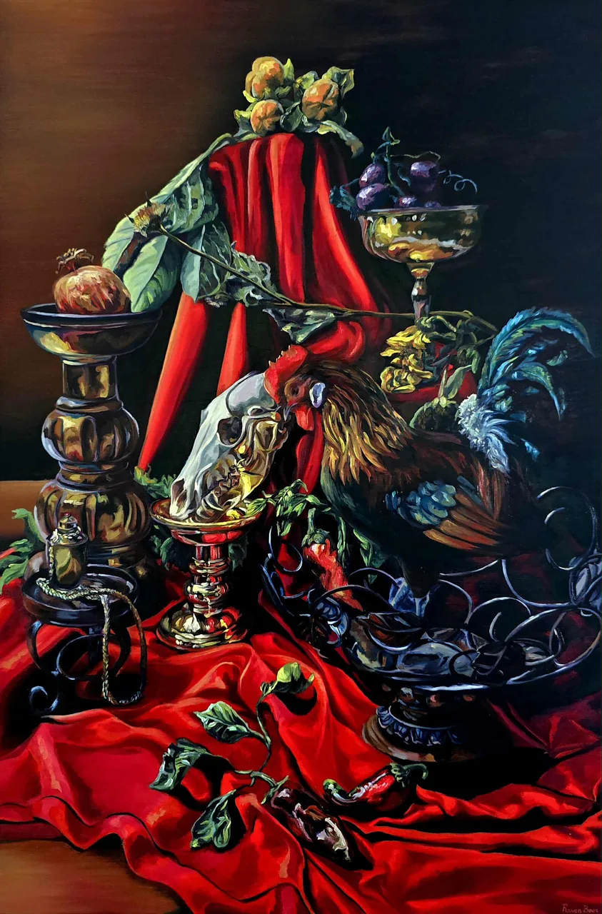 Oil painting titled Vanitas Still Life with Dutch Bantam and Coyote Skull by Raven Boer.